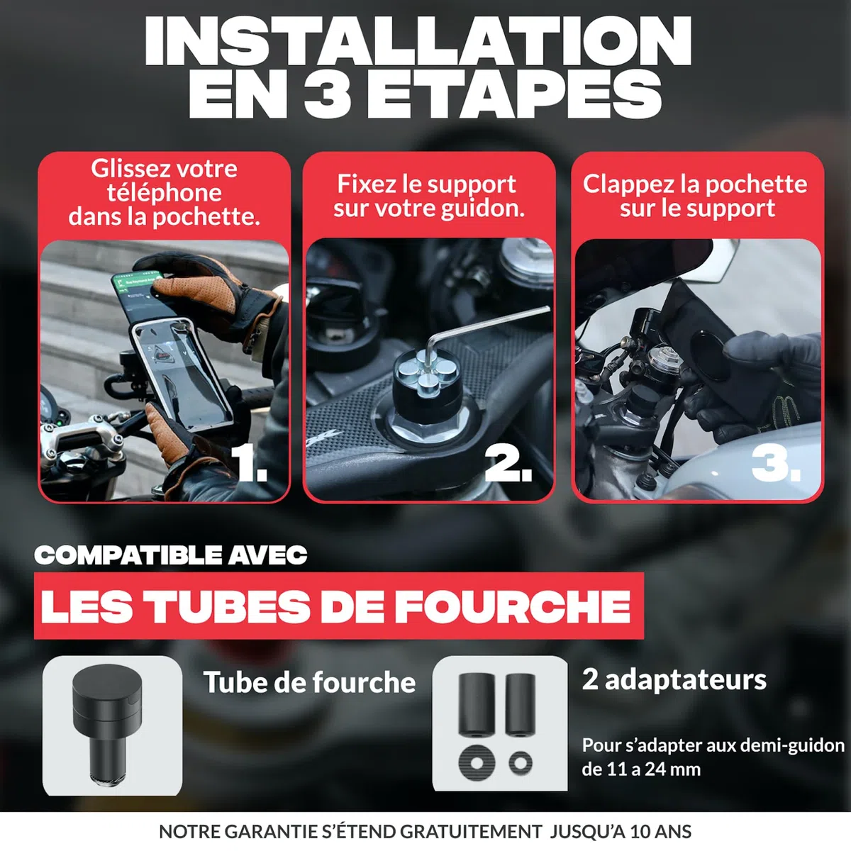 Shapeheart Support Téléphone pour Demi-Guidon de Moto Pochette Détachable | Compatible tous Smartphones | Claper et Retirer en 1 Geste | Colonne de direction 11-24 mm | Anti-vibrations | Weatherproof
