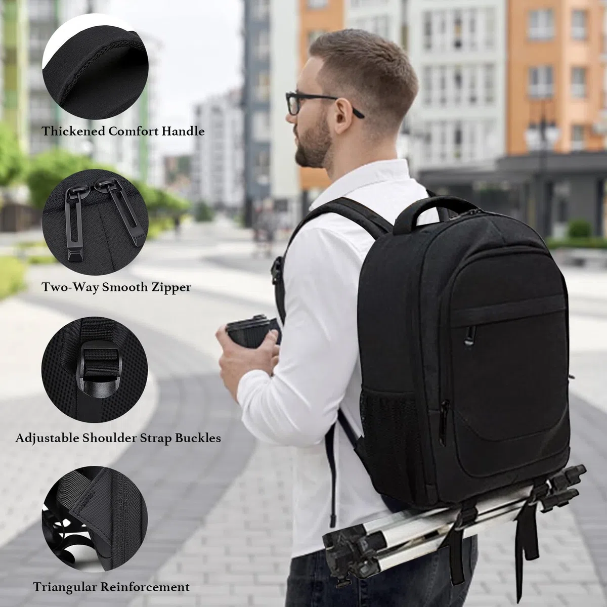 Sac à dos Appareil Photo Grand, Sac Photo pour Reflex et Hybride, 39 x 29 x 19 cm, Housse de Pluie Noire, Compartiments Réglables, Ordinateur Portable 15,6 Pouces, Sangle de Poitrine, Noir