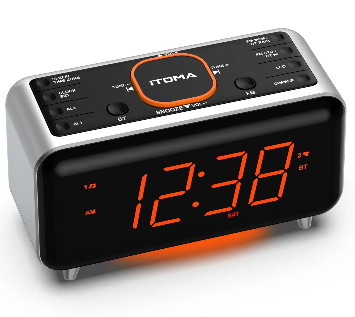 iTOMA Réveil Radio avec contrôle d'APP, Bluetooth, Radio FM, Double réveil en 4 Modes d'alarme, Sieste Facile, Dimmer, lumière de Nuit Orange, 12/24 Heures et Port de Chargeur USB 208