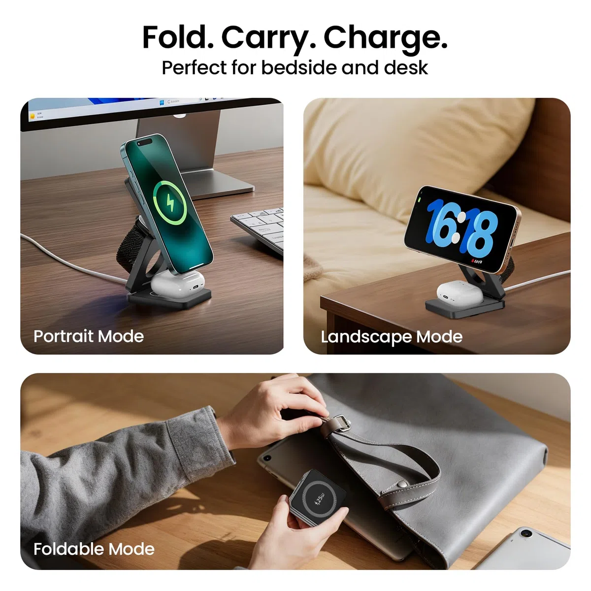 Chargeur sans Fil MagSafe 3 en 1 25W, Station de Charge magnétique pour iPhone 12 à 17, Apple Watch et AirPods, Chargeur Induction avec USB-C, Support Pliable pour Table de Chevet et Bureau