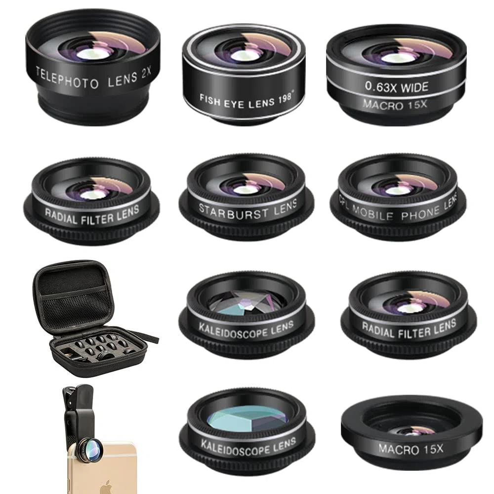 Kit 11 en 1 pour Appareil Photo de téléphone Portable, Objectif Grand Angle et Objectif Macro, Objectif fisheye, téléobjectif, CPL, Flux, Radial, étoile, Filtre Doux, lentille kaléidoscope Compatible