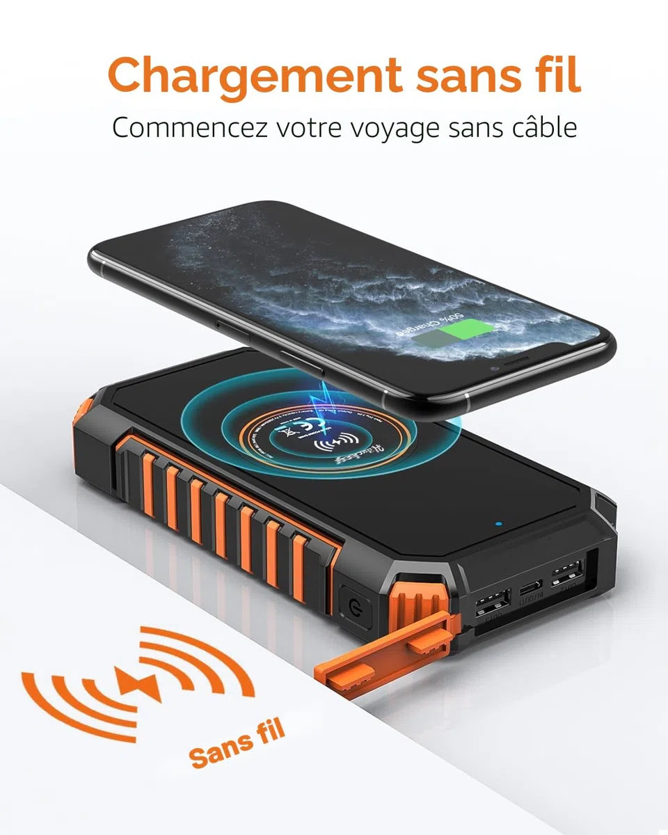 Hiluckey Chargeur Solaire 20000mAh avec 4 USB Portable Batterie Externe sans Fil Powerbank avec Charge Rapide USB C pour Smartphones, Tablette, Outdoor Camping (Orange)