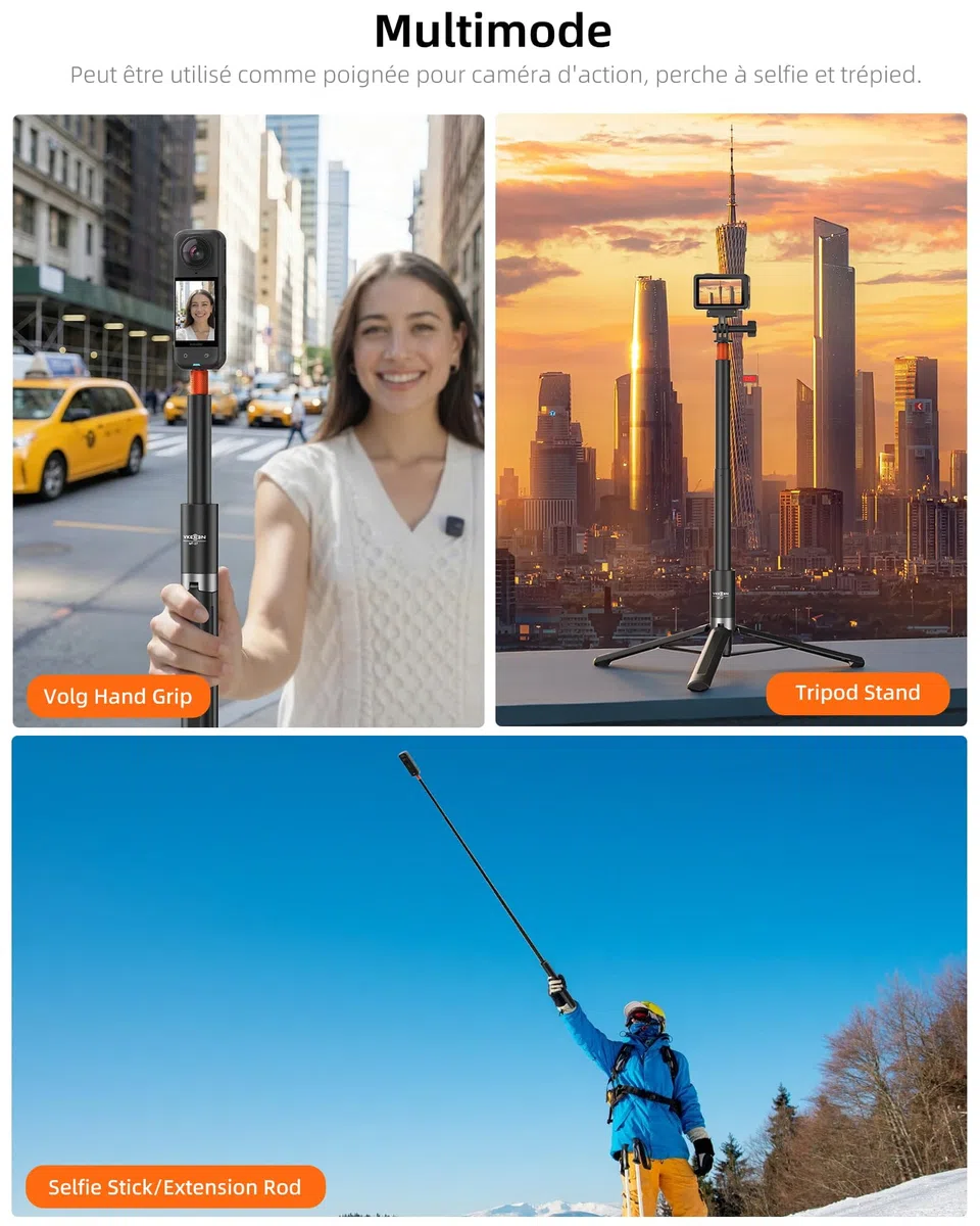 Perche à Selfie Invisible 147cm avec Trépied pour Insta 360 X5/X4/X3/Ace Pro/GO 3S/GO Ultra, DJI Osmo 360, GoPro, 2-en-1 Bâton Selfie Trepied/Tige d'extension étendue/Poignée/Support/Accessoires