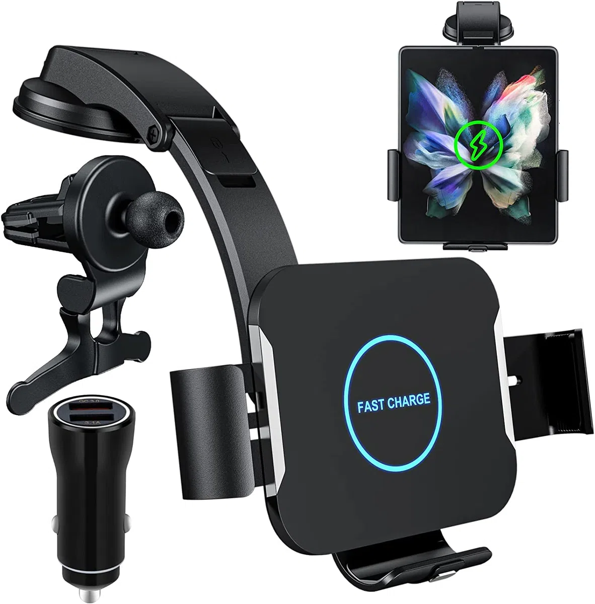 Qoosea 15W Qi Chargeur Induction Voiture, Double Bobine Chargeur sans Fil Voiture Rapide Automatic Clamping Support Téléphone Voiture pour Samsung Galaxy Z Fold 6/Z Fold 5/4/3/2 Oppo Find N2