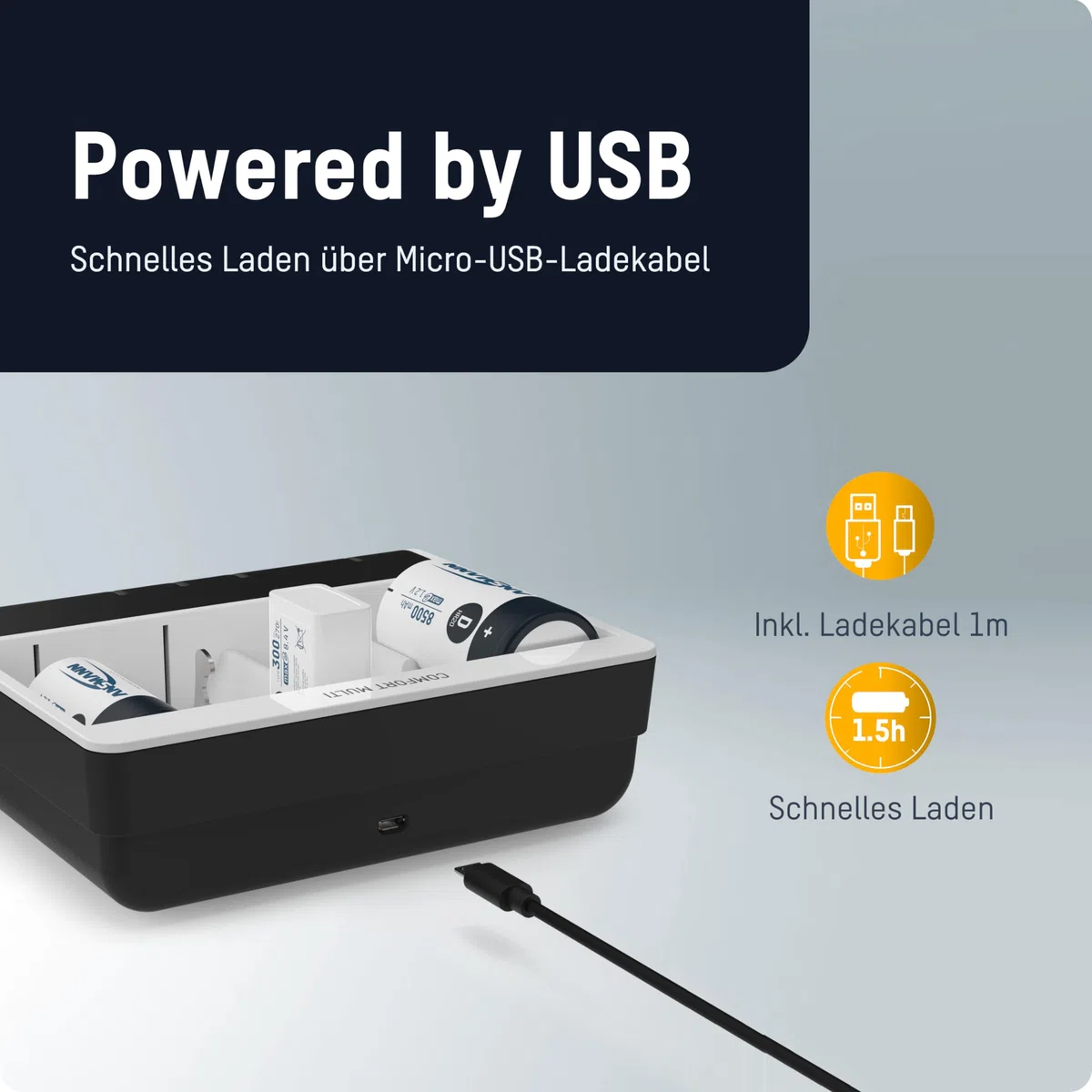 ANSMANN Chargeur de batterie pour 4 piles NiMH AA/AAA/C/D + 1 x bloc-piles 9 V - chargeur de batterie automatique avec technologie de charge Perfect 7 Mode de réparation pour batteries rechargeables