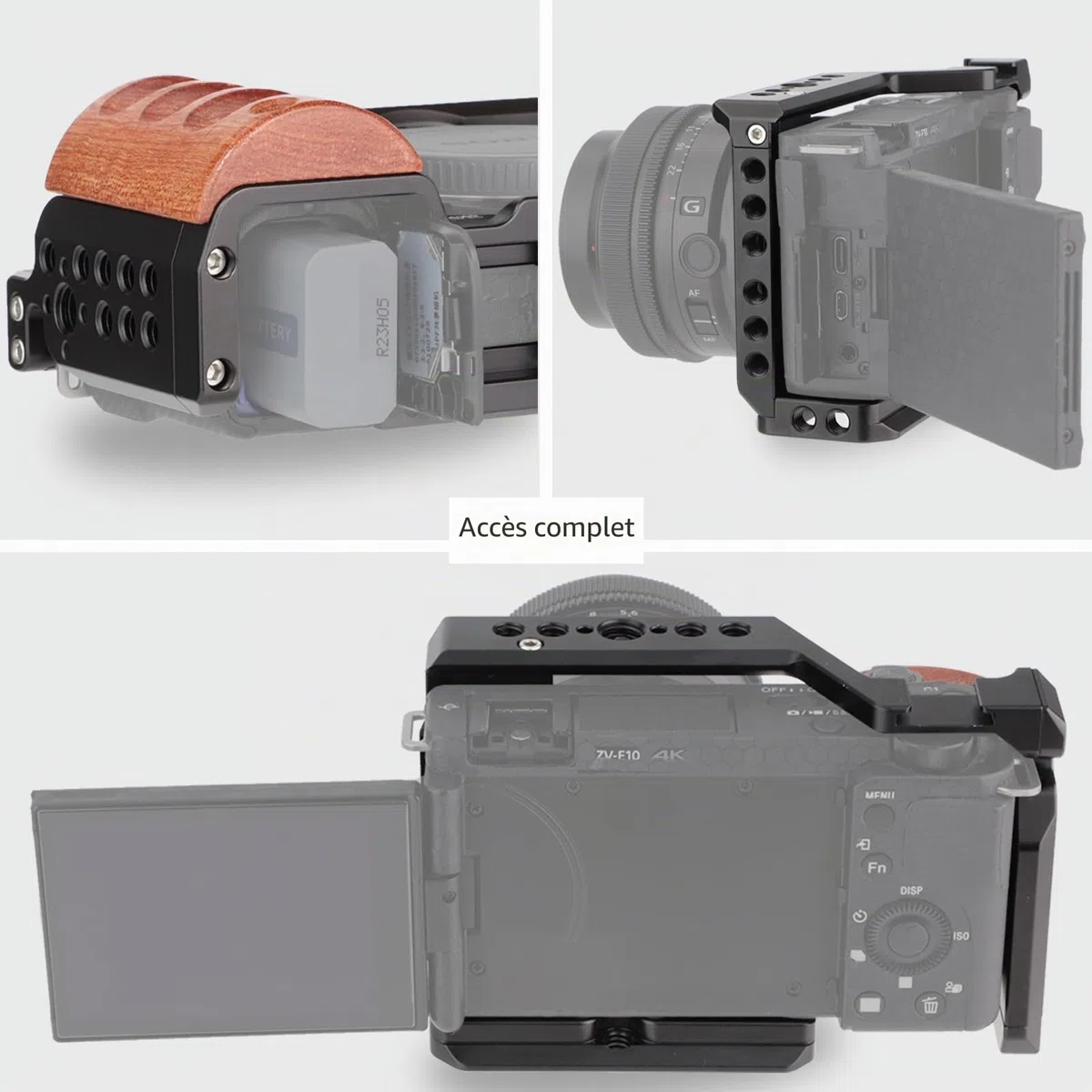 Leftfoto Cage en métal avec poignée en bois pour Sony Alpha ZV-E10 Accessoires de prise de vue vidéo, micro griffe/extension de lumière, cage vidéo pour filmer Vlog Camera Kit