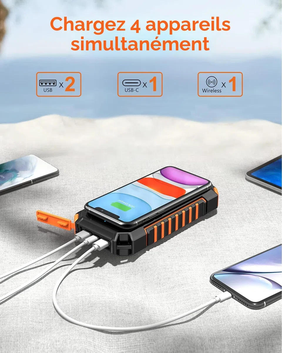Hiluckey Chargeur Solaire 20000mAh avec 4 USB Portable Batterie Externe sans Fil Powerbank avec Charge Rapide USB C pour Smartphones, Tablette, Outdoor Camping (Orange)