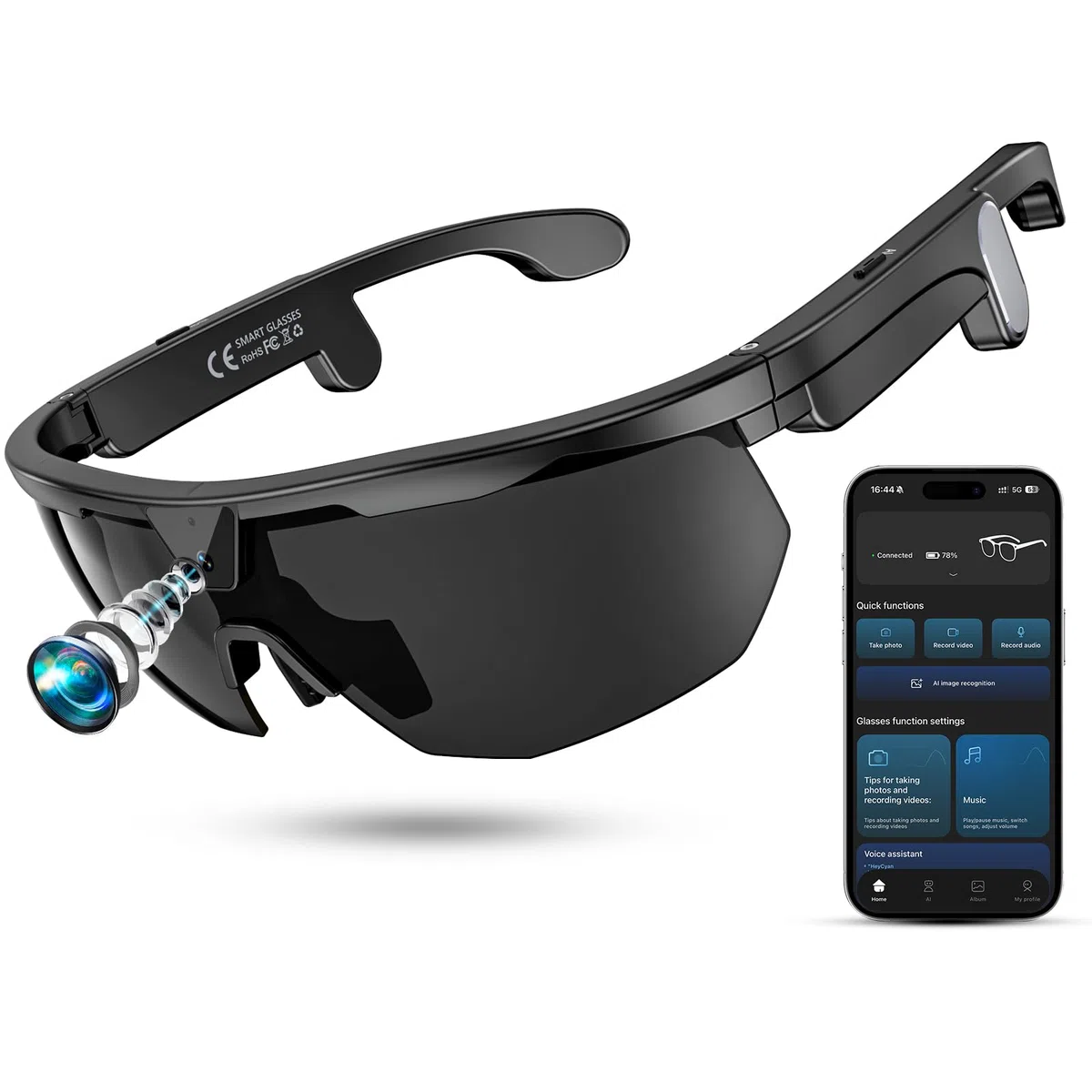 Mingtawn Lunettes connectées,caméra 4K HD Anti-tremblement,Haut-parleurs stéréo 3D,Lunettes de Soleil Sport polarisées UV400,Lunettes Bluetooth IA Outdoor vidéo Photo Musique (Noir)