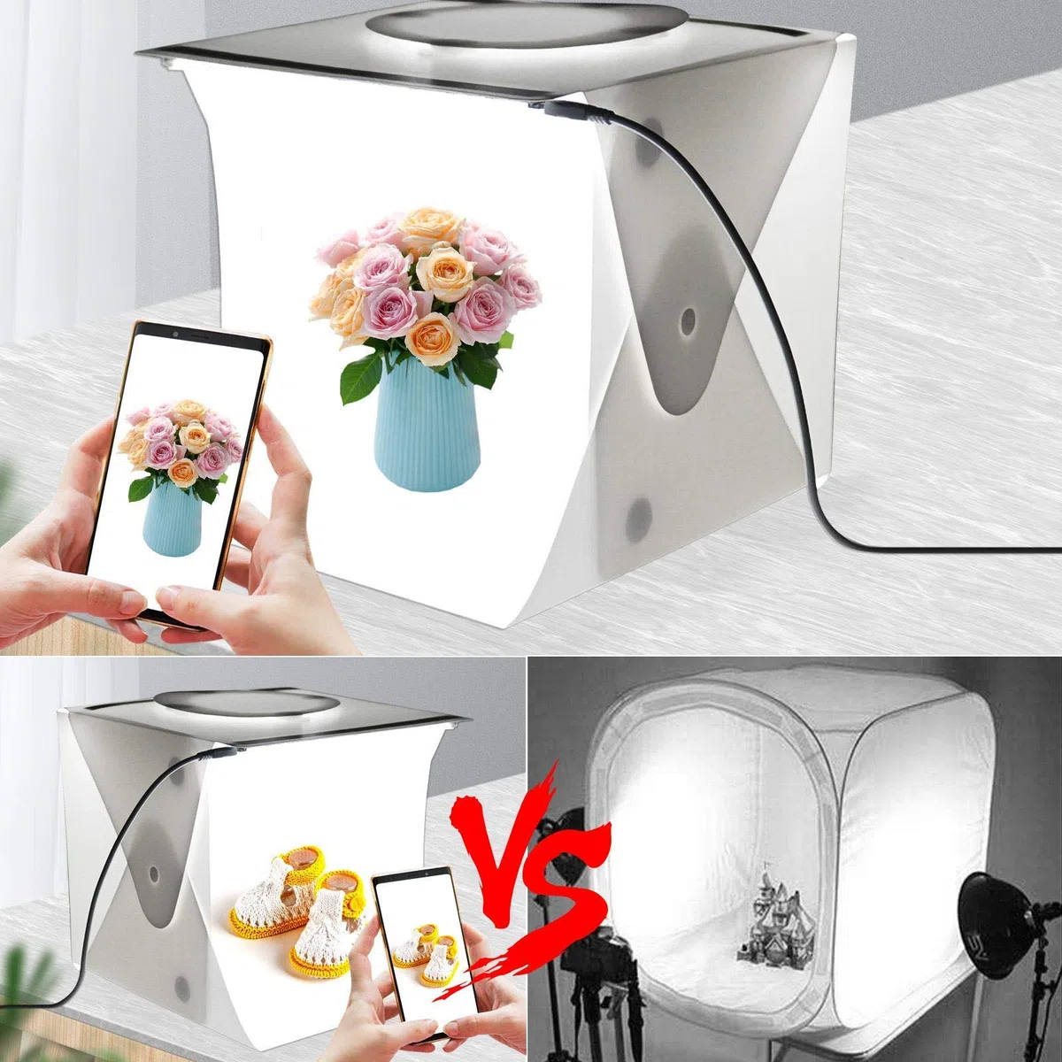 Mini boîte à lumière portable pour studio photo, kit de tente de prise de vue, double bande lumineuse LED, 6 toiles de fond