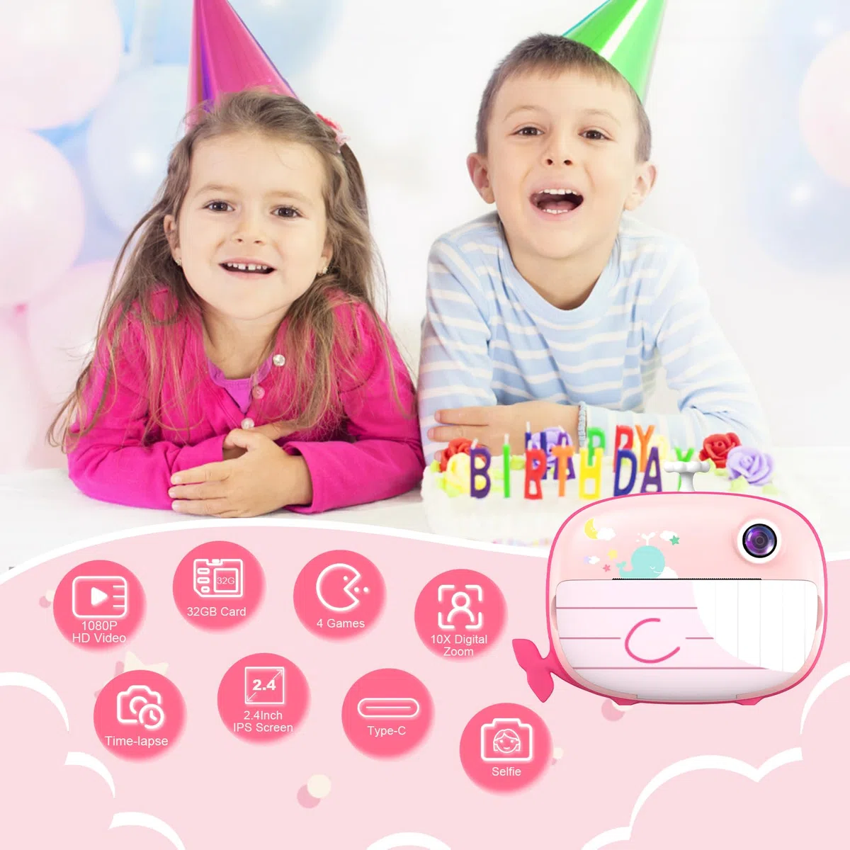 Ushining Appareil Photo à Impression Instantanée pour Enfants, 1080P Appareil Photo Numérique Enfant avec Écran de 2,4 Pouces Papier d'impression Carte TF 32 Go, Cadeau pour Filles Garçons 3-14 Ans