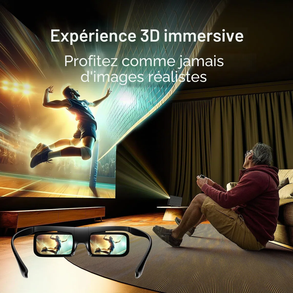 Valerion DLP Link Lunettes 3D à obturation actives rechargeables compatibles avec VisionMaster Max/Pro2/Pro, StreamMater Puls2/Puls et autres projecteurs 3D DLP-Link (1 paquet)