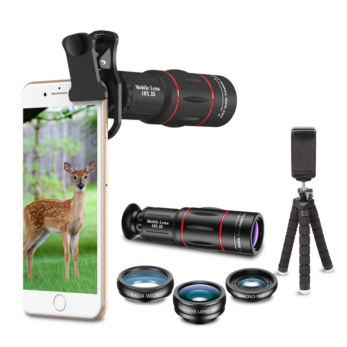Apexel Kit de lentille de téléphone pour Appareil Photo 18 x téléobjectif Grand Angle et Macro, Objectif Fisheye/kaléidoscope et Filtre étoile avec déclencheur à Distance pour Phone