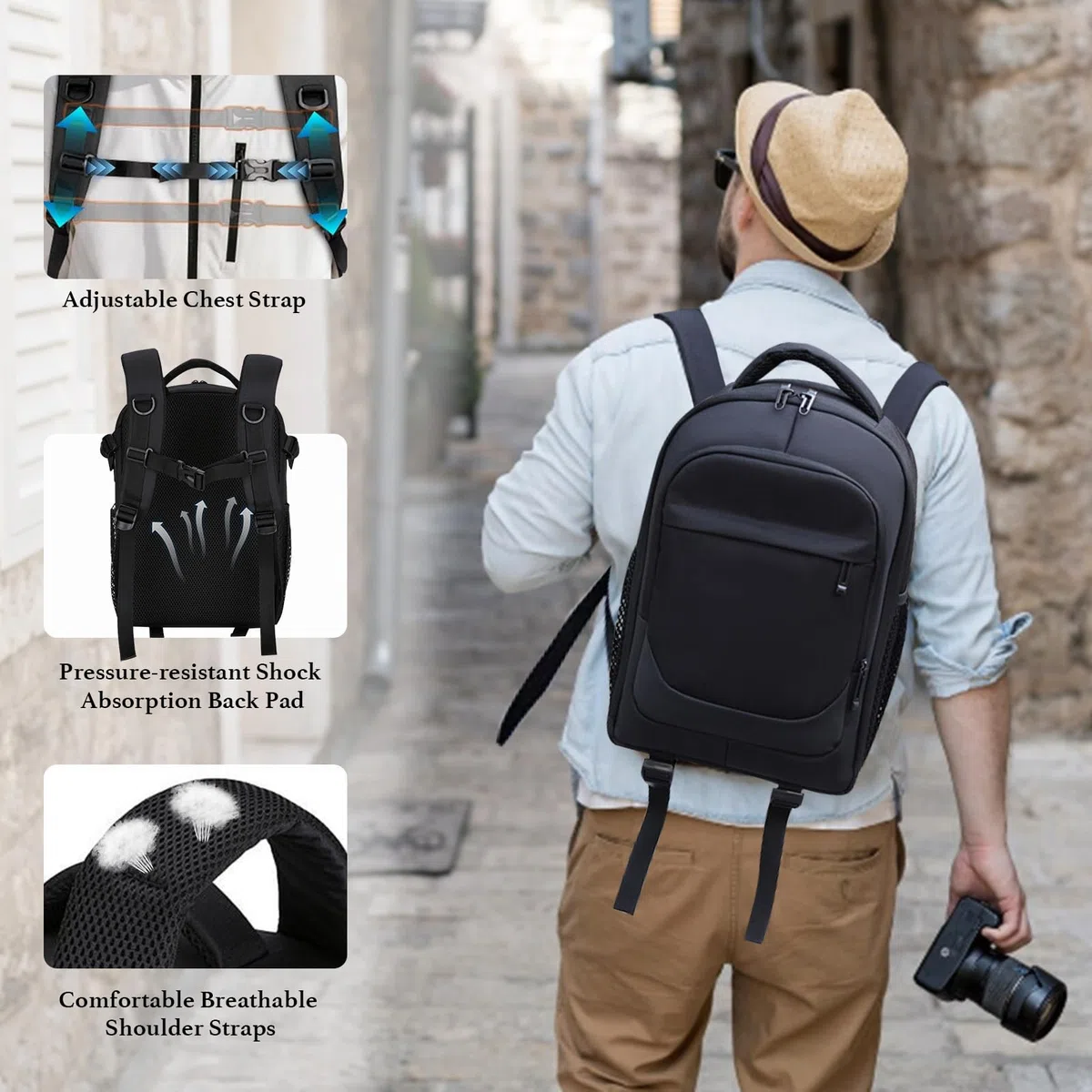 Sac à dos Appareil Photo Grand, Sac Photo pour Reflex et Hybride, 39 x 29 x 19 cm, Housse de Pluie Noire, Compartiments Réglables, Ordinateur Portable 15,6 Pouces, Sangle de Poitrine, Noir