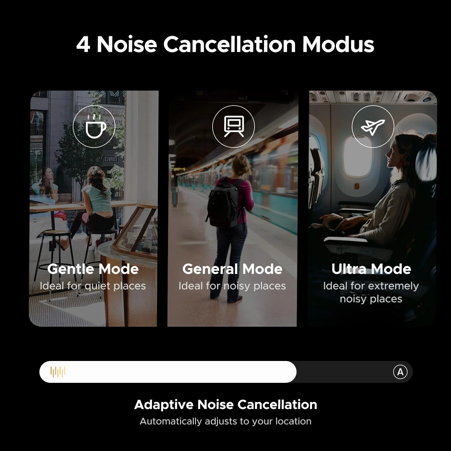 UGREEN HiTune Max 5C Casque Bluetooth sans Fil Sport Hi Res Audio ANC Réduction Active du Bruit Adaptative Hybride 43dB Bluetooth 5.4 4 Micros Audio Spatial EQ Personnalisé App 75H Charge USB C Noir | Réduction active du bruit adaptative