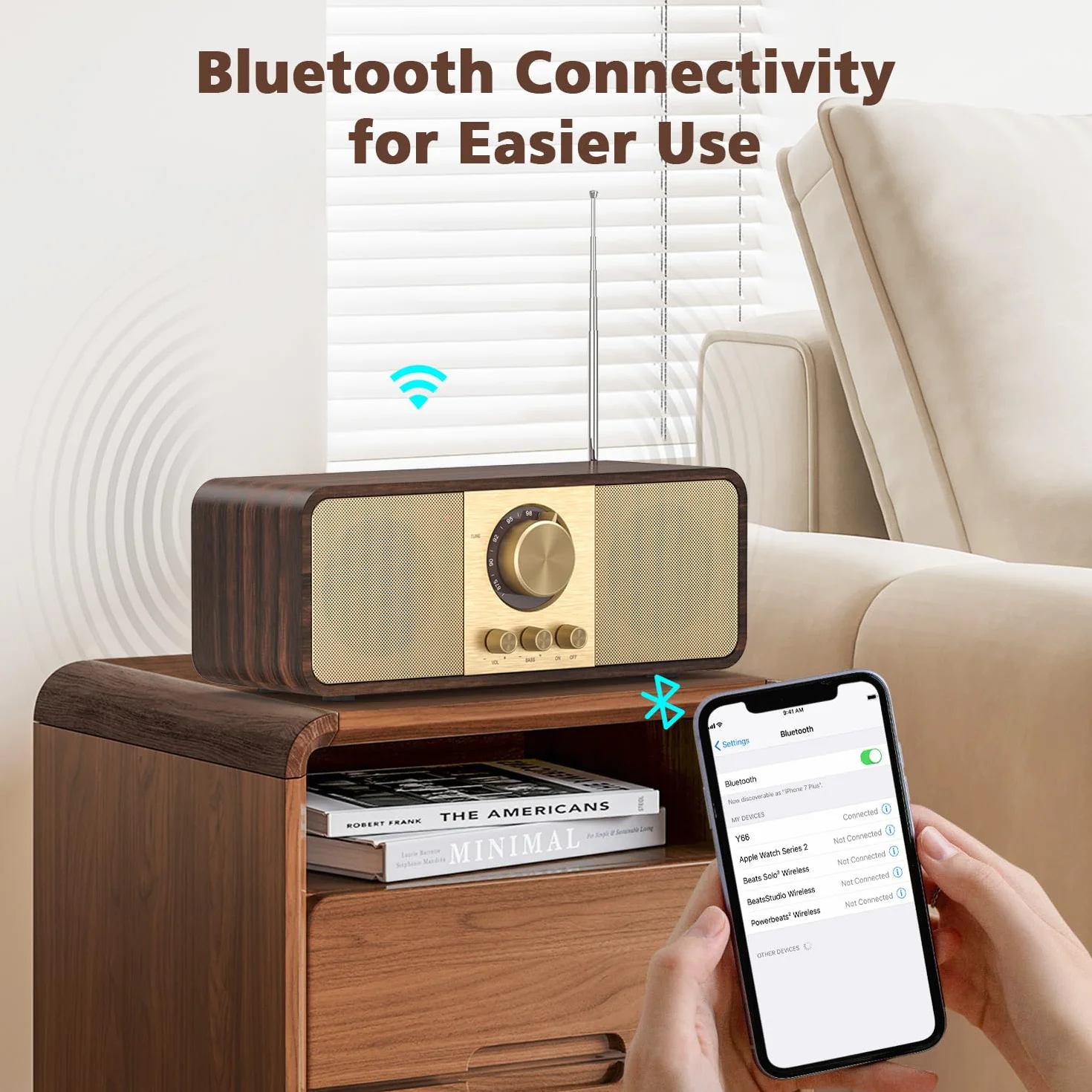 Radio Vintage, Radios Rétro avec Bluetooth et Carte TF, Alimentation par Batterie 3000mAH, avec 2 Woofers de 8 Watts, Radios Rétro avec AUX/USB, Radio Cuisine/Chambre/Bureau