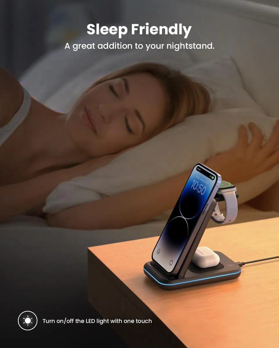 JoyGeek Chargeur Induction 3 en 1,Pliable Chargeur sans Fil Compatible avec i Phone 17/Air/16/15/14/13/12-8 Série, Station de Charge pour iWatch 11/10/9-3, pour AirPods 4/2/3/Pro-Noir