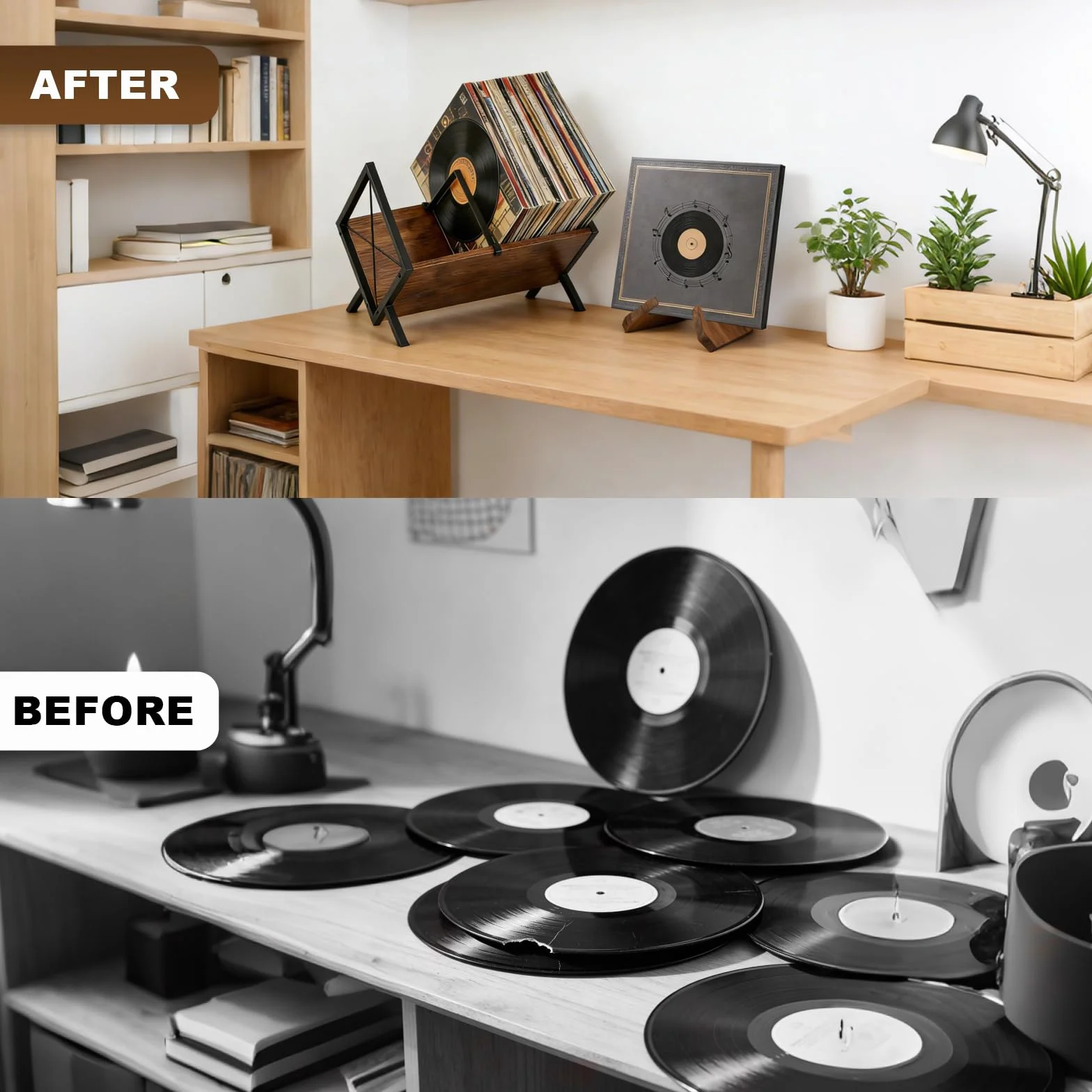 BigKing Support Pour Disques Vinyles, Organisateur LPs, Rangement Vinyle | Métal Et Bois, Rétro Support de Présentation Pour Disques Vinyles, Facile à Monter, Organisateur Pour 80 - 100 LPs, Albums
