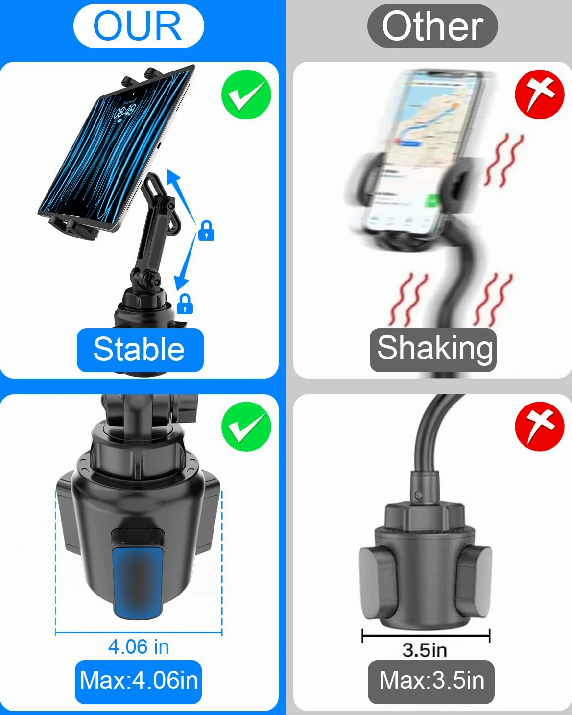 Porte-gobelet de Voiture pour Tablette, [Bras réglable] Support de Tablette pour Camion, Support de téléphone de Voiture pour iPad 12.9 Pro/Air/Mini, Galaxy Tabs, Switch, Plus de téléphones