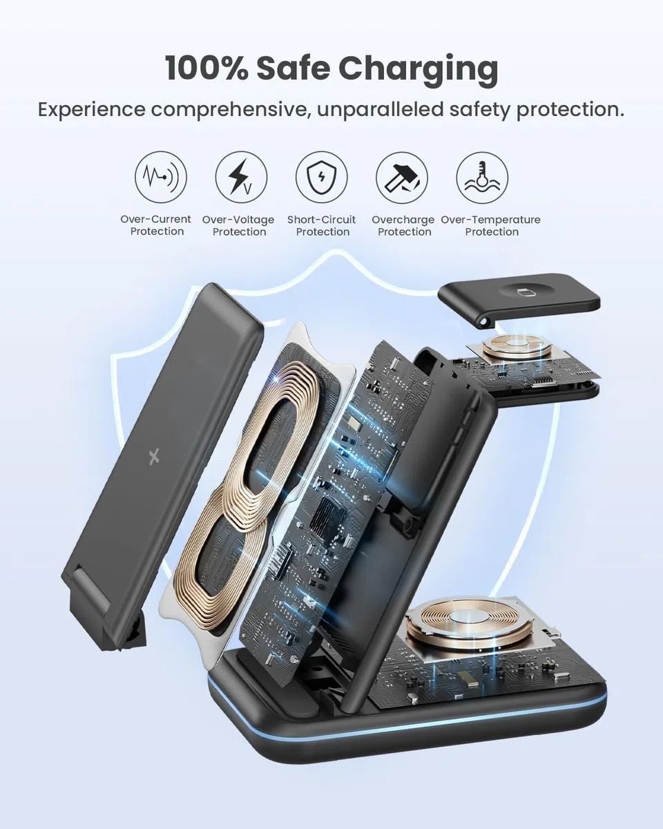 JoyGeek Chargeur Induction 3 en 1,Pliable Chargeur sans Fil Compatible avec i Phone 17/Air/16/15/14/13/12-8 Série, Station de Charge pour iWatch 11/10/9-3, pour AirPods 4/2/3/Pro-Noir