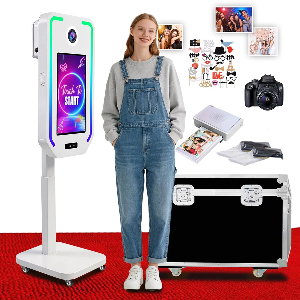 Appareil Photo Reflex numérique, Cabine Photo à Selfie pour fête, Levage électrique avec 4 Mode d'économie de mémoire, Cabine Photo à écran Tactile de 21,5" (White, Photobooth Full Set)