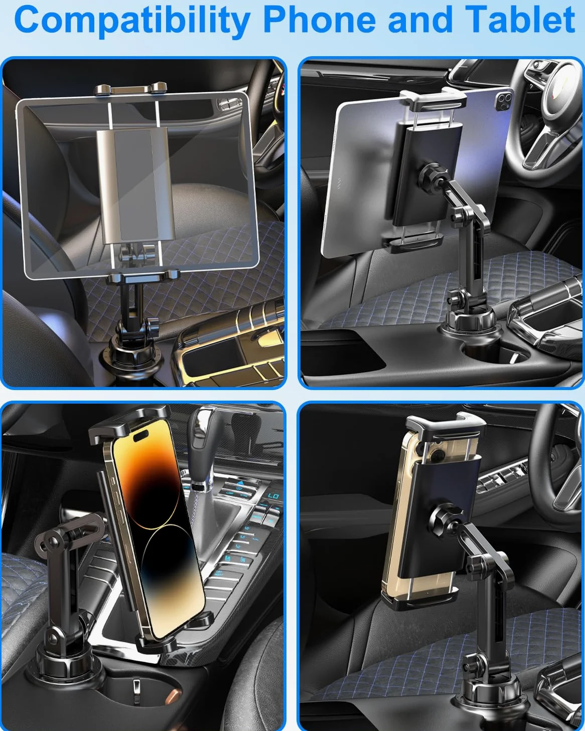 Porte-gobelet de Voiture pour Tablette, [Bras réglable] Support de Tablette pour Camion, Support de téléphone de Voiture pour iPad 12.9 Pro/Air/Mini, Galaxy Tabs, Switch, Plus de téléphones