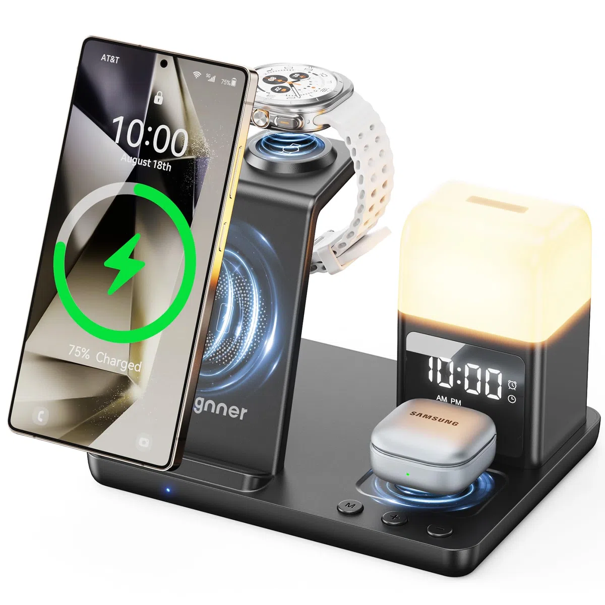 Station de Recharge Inductive 6-en-1 Améliorée pour Samsung avec Réveil & Lumière | Support de Charge sans Fil 15W Rapide pour Galaxy S25/S24/Z Fold6/Flip/Note, Watch Ultra/6/5 Pro, Galaxy Buds