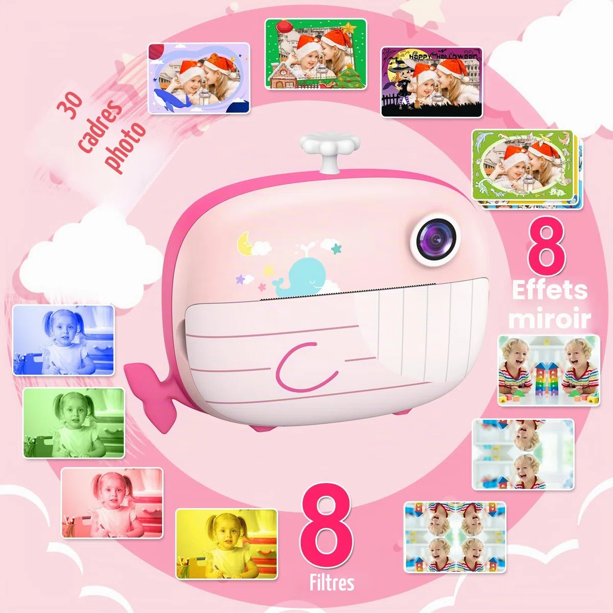 Ushining Appareil Photo à Impression Instantanée pour Enfants, 1080P Appareil Photo Numérique Enfant avec Écran de 2,4 Pouces Papier d'impression Carte TF 32 Go, Cadeau pour Filles Garçons 3-14 Ans