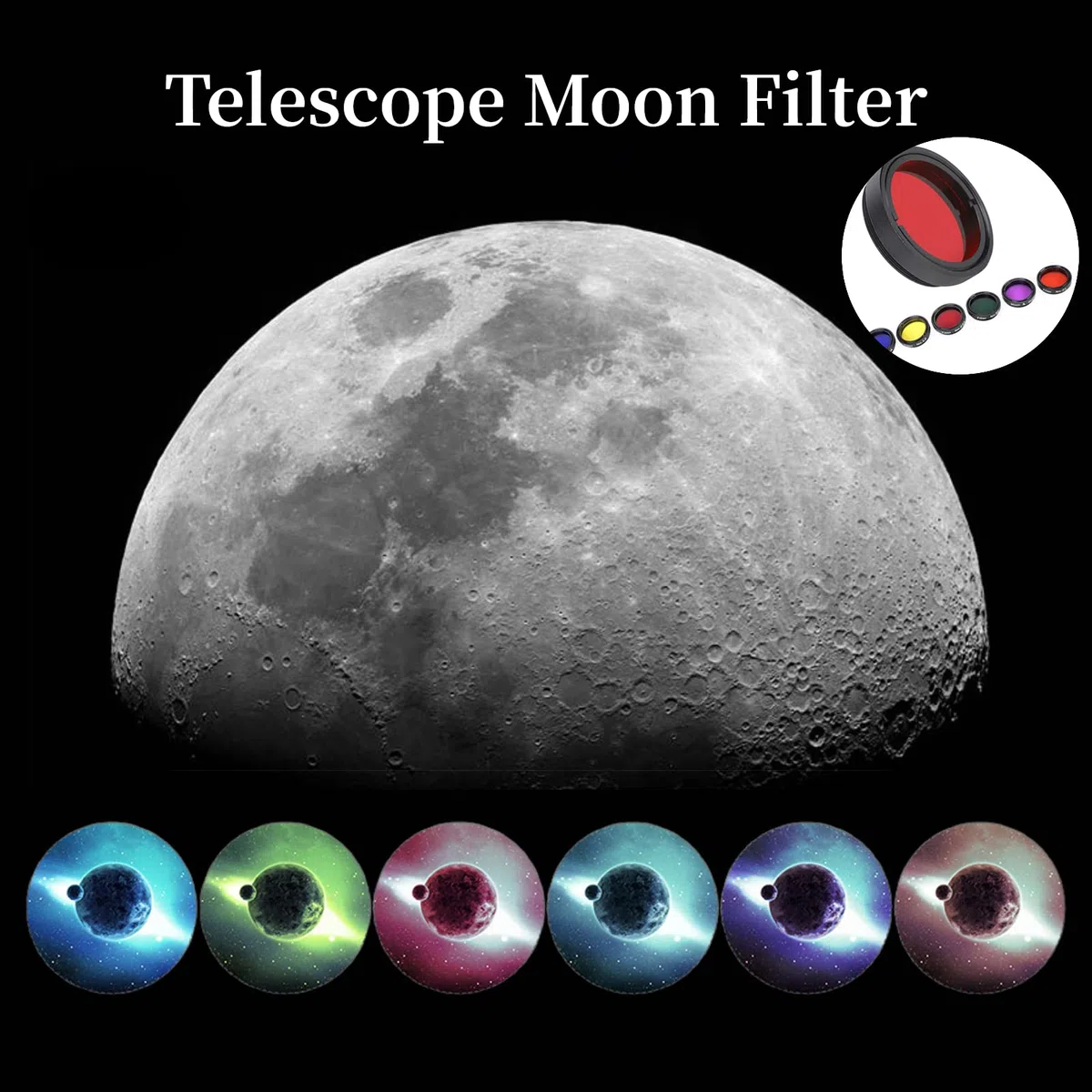 Ensemble de filtres d'objectif de filtre lunaire de télescope 1.25 pouces, ensemble de 6 filtres de couleur (jaune + orange + rouge + vert + bleu + violet), filtre d'oculaires de télescope, verre opti