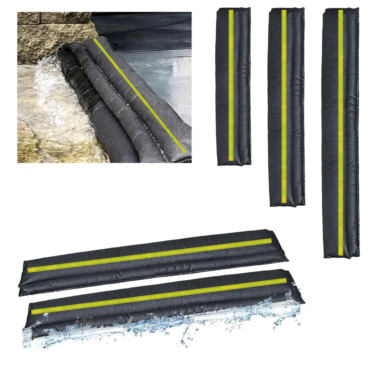 Lot de 6 sacs de sable, avec bande réfléchissante, 180 x 20 cm, blocs anti-inondations activés par l'eau, pour portes d'entrée, protection contre les inondations pour garage et cave