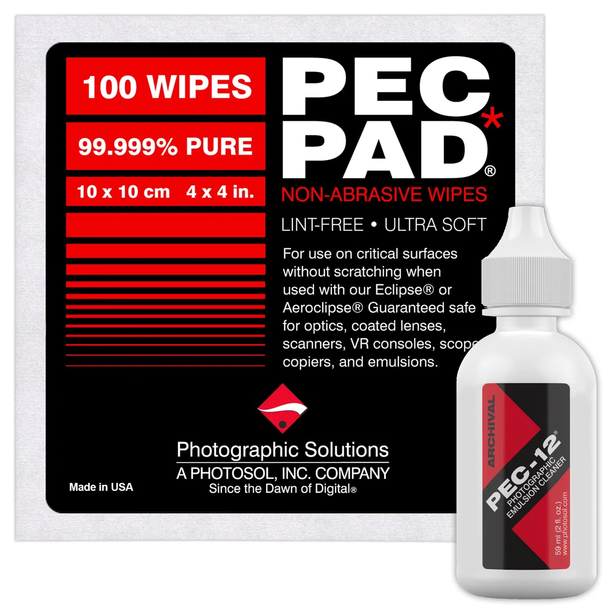 PEC-12 Kit de nettoyage pour émulsion photographique et lingettes non abrasives non pelucheuses 10,2 x 10,2 cm 100 feuilles par paquet – pour film de nettoyage, négatif photo, diapositive en noir et