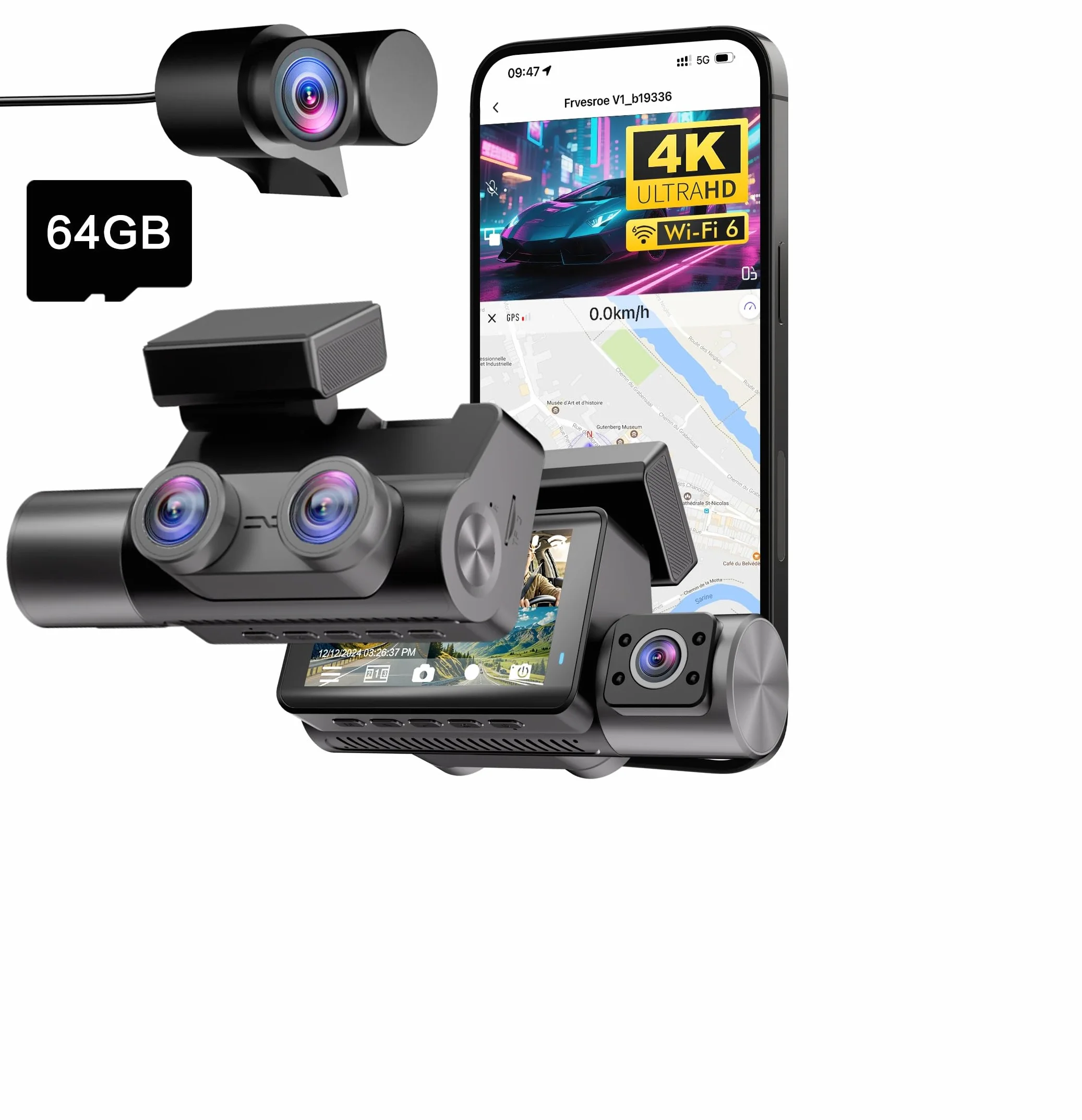 Dashcam Voiture 3 Canaux 4K, WiFi GPS, Mode Park 24h, Carte 64 Go | 4K Avant+ 1080P Arrière+ 1080P Intérieur, Vision Nocturne HDR/WDR, G-Sensor, Enregistrement en Boucle, Écran IPS 3"