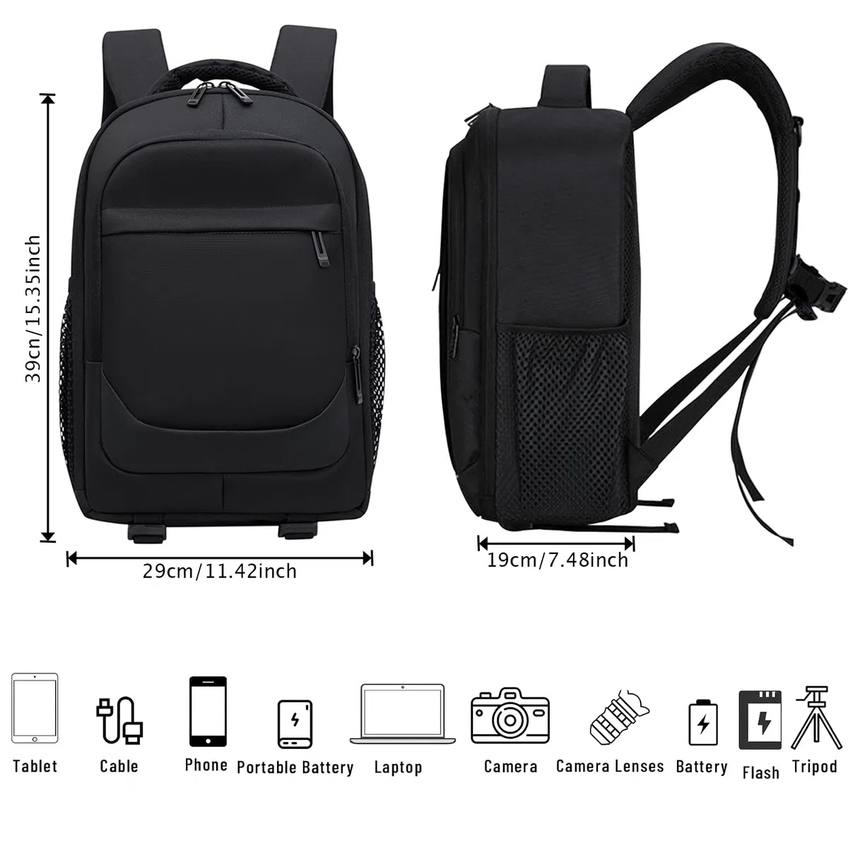 Sac à dos Appareil Photo Grand, Sac Photo pour Reflex et Hybride, 39 x 29 x 19 cm, Housse de Pluie Noire, Compartiments Réglables, Ordinateur Portable 15,6 Pouces, Sangle de Poitrine, Noir
