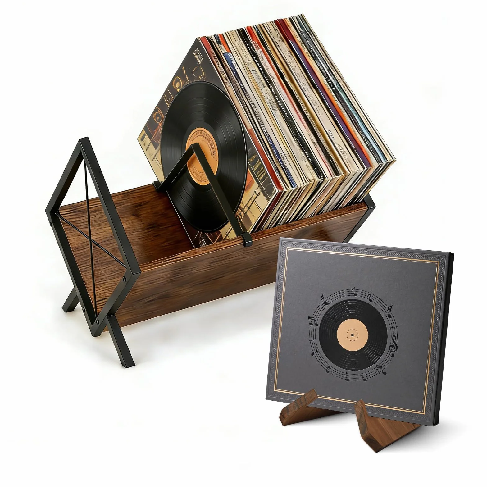 BigKing Support Pour Disques Vinyles, Organisateur LPs, Rangement Vinyle | Métal Et Bois, Rétro Support de Présentation Pour Disques Vinyles, Facile à Monter, Organisateur Pour 80 - 100 LPs, Albums