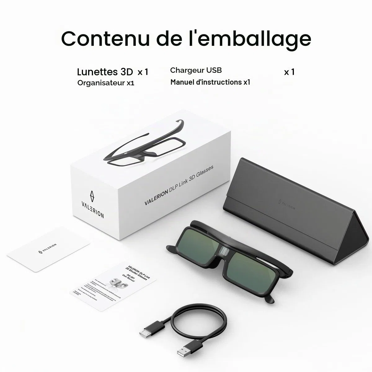 Valerion DLP Link Lunettes 3D à obturation actives rechargeables compatibles avec VisionMaster Max/Pro2/Pro, StreamMater Puls2/Puls et autres projecteurs 3D DLP-Link (1 paquet)