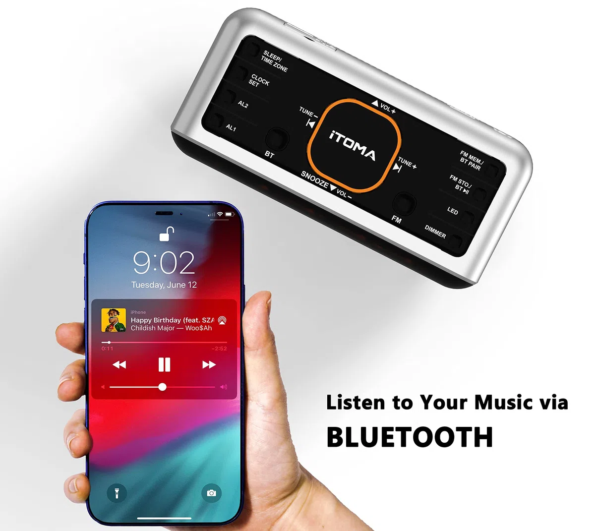 iTOMA Réveil Radio avec contrôle d'APP, Bluetooth, Radio FM, Double réveil en 4 Modes d'alarme, Sieste Facile, Dimmer, lumière de Nuit Orange, 12/24 Heures et Port de Chargeur USB 208