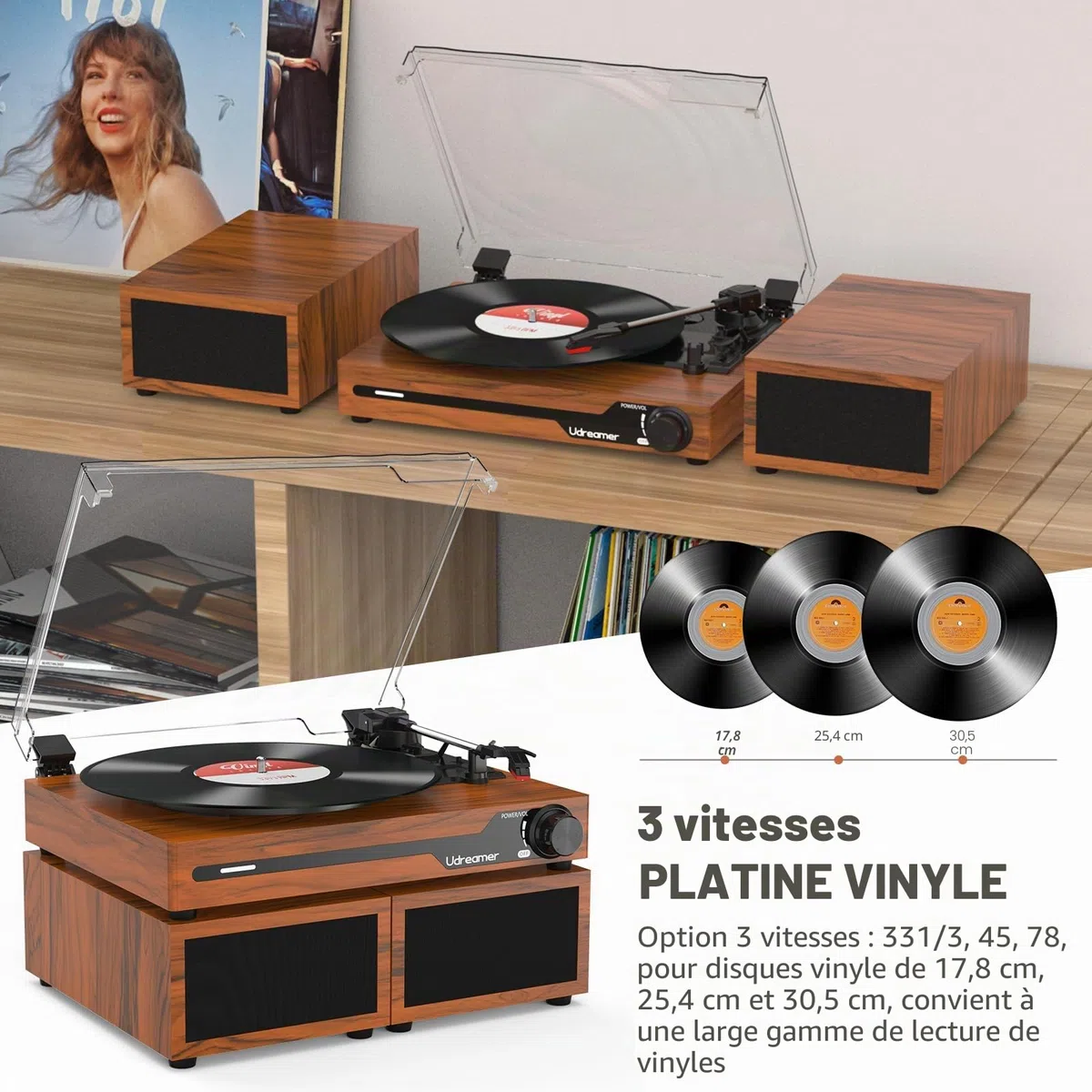 Udreamer Platine Vinyle avec 2 Haut-parleurs Stéréo Doubles, Vintage Tourne-disqu Bluetooth 5.3 Prend en Charge 3 Vitesses, Entrée Auxiliaire, Ligne RCA, USB,Lecture sans Fil, Marron
