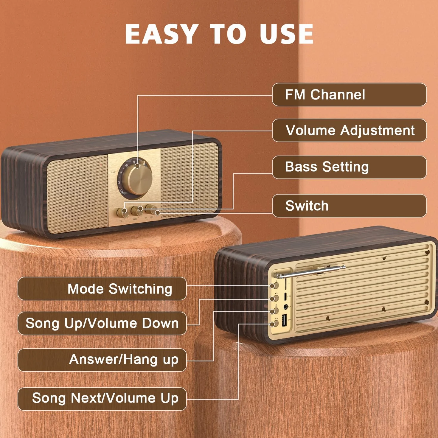 Radio Vintage, Radios Rétro avec Bluetooth et Carte TF, Alimentation par Batterie 3000mAH, avec 2 Woofers de 8 Watts, Radios Rétro avec AUX/USB, Radio Cuisine/Chambre/Bureau