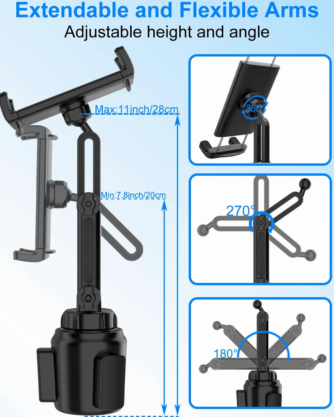 Porte-gobelet de Voiture pour Tablette, [Bras réglable] Support de Tablette pour Camion, Support de téléphone de Voiture pour iPad 12.9 Pro/Air/Mini, Galaxy Tabs, Switch, Plus de téléphones