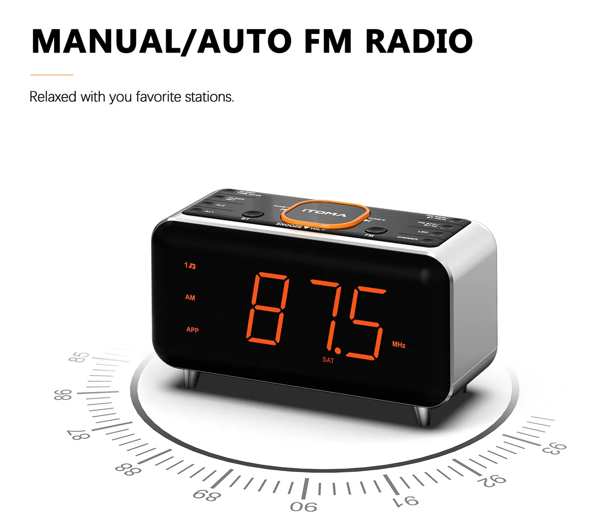 iTOMA Réveil Radio avec contrôle d'APP, Bluetooth, Radio FM, Double réveil en 4 Modes d'alarme, Sieste Facile, Dimmer, lumière de Nuit Orange, 12/24 Heures et Port de Chargeur USB 208