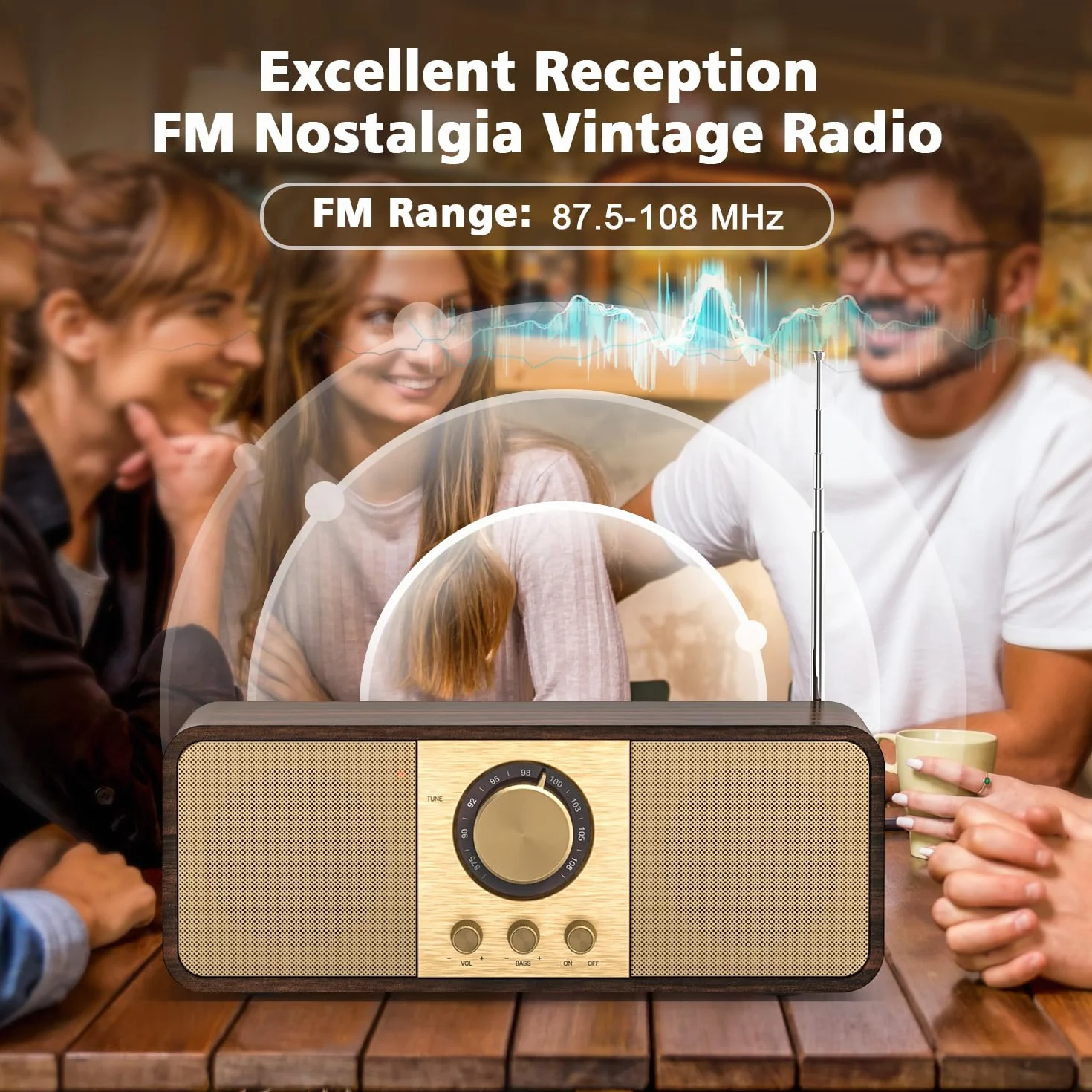 Radio Vintage, Radios Rétro avec Bluetooth et Carte TF, Alimentation par Batterie 3000mAH, avec 2 Woofers de 8 Watts, Radios Rétro avec AUX/USB, Radio Cuisine/Chambre/Bureau