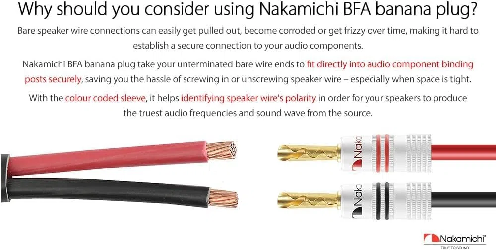 Nakamichi Excel Series BFA Fiche banane plaquée or 24K 12-18 AWG Calibre 4 mm pour haut-parleurs Amplificateur Hi-Fi Récepteur AV Stéréo audio Connecteur (Fiches Banane BFA, 10-pièces (5 paires))