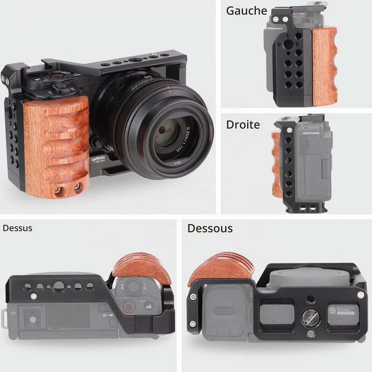 Leftfoto Cage en métal avec poignée en bois pour Sony Alpha ZV-E10 Accessoires de prise de vue vidéo, micro griffe/extension de lumière, cage vidéo pour filmer Vlog Camera Kit