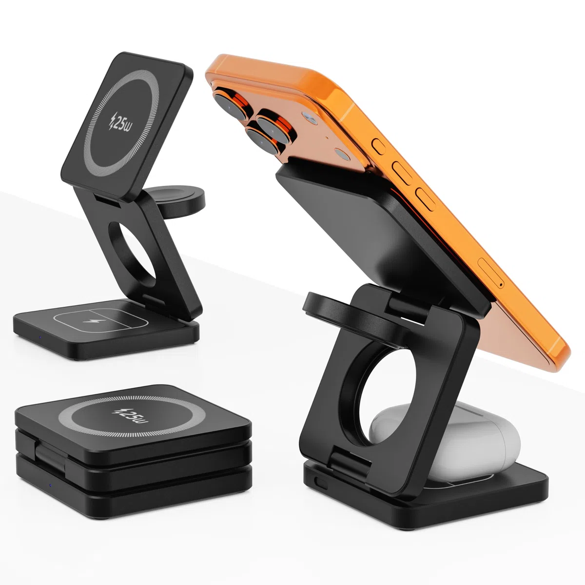 Chargeur sans Fil MagSafe 3 en 1 25W, Station de Charge magnétique pour iPhone 12 à 17, Apple Watch et AirPods, Chargeur Induction avec USB-C, Support Pliable pour Table de Chevet et Bureau