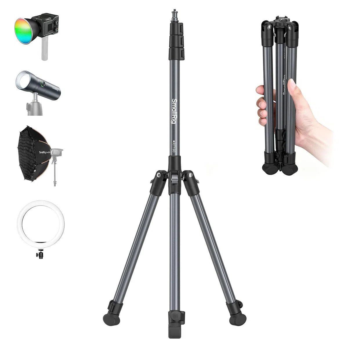 SMALLRIG 190 cm Trépied Lumière, Charge Max 4 kg, pour Lampes Torches, Anneaux Lumineux, Eclairages Vidéo LED, Eclairage COB, Trépied Pliable et Réglable, Dimensions plié 43 cm - 5475