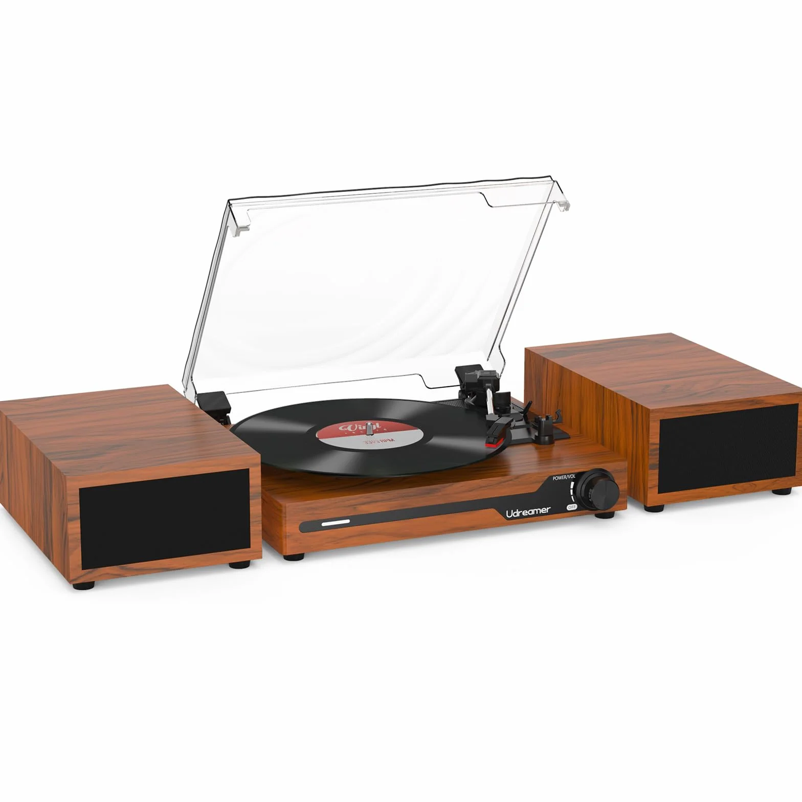 Udreamer Platine Vinyle avec 2 Haut-parleurs Stéréo Doubles, Vintage Tourne-disqu Bluetooth 5.3 Prend en Charge 3 Vitesses, Entrée Auxiliaire, Ligne RCA, USB,Lecture sans Fil, Marron