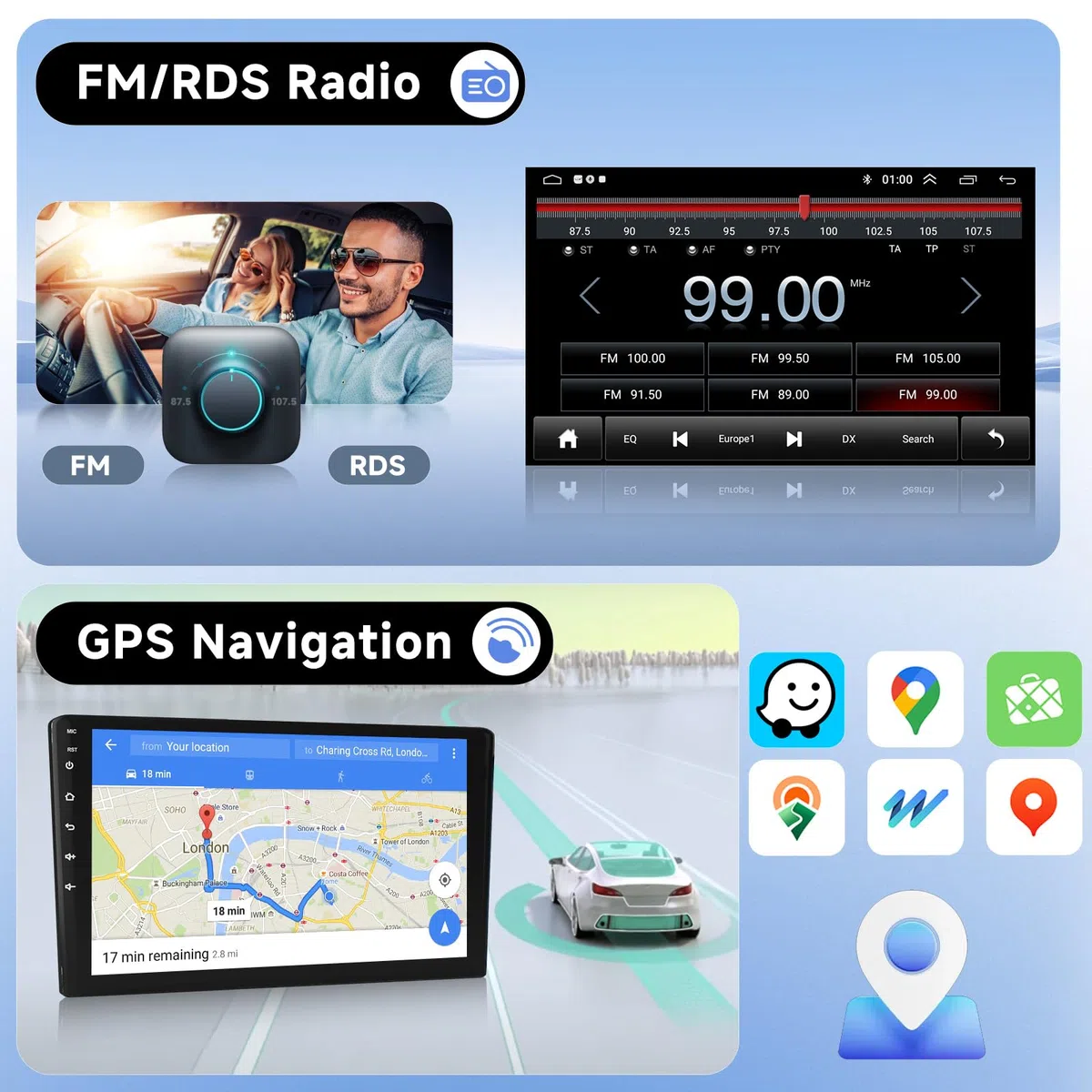 Autoradio sans fil Carplay pour Citroën C1/Toyota Aygo/Peugeot 107 2005-2014, Podofo écran tactile 10,1 pouces Android avec Android Auto sans fil, Bluetooth/GPS/WiFi/FM/RDS/HiFi/USB/Contrôle du volant