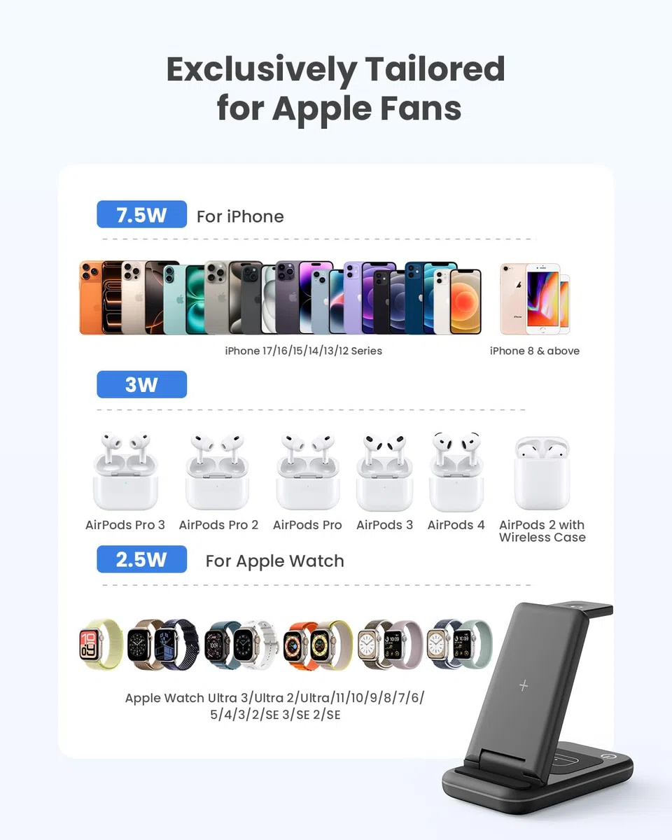 JoyGeek Chargeur Induction 3 en 1,Pliable Chargeur sans Fil Compatible avec i Phone 17/Air/16/15/14/13/12-8 Série, Station de Charge pour iWatch 11/10/9-3, pour AirPods 4/2/3/Pro-Noir