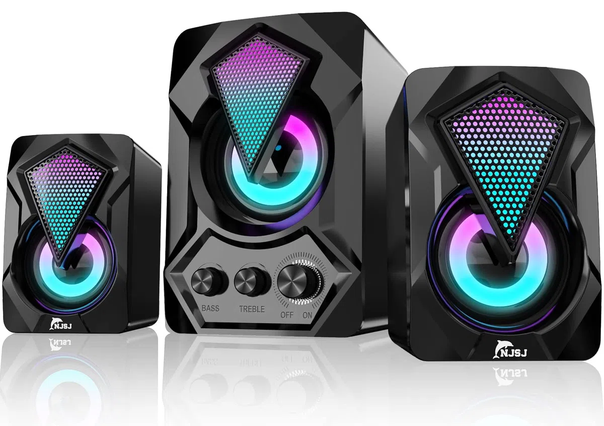 njsj 2.1 Enceinte PC avec Caisson de Basses, Système d'enceintes de Jeu LED RVB Son Riche, Audio 3,5 mm, Basse alimentée par USB pour PC, PS4/5,TV, Smartphone,Tablette,Lecteur