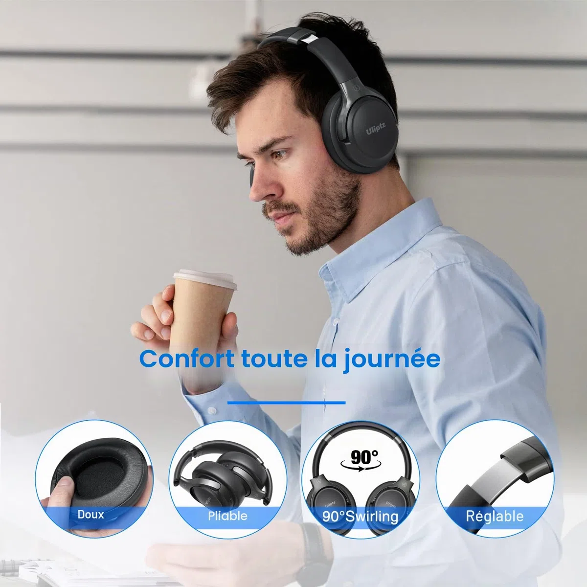 Uliptz Casque Bluetooth sans Fil, 65 Heures de d’écoute, 6 EQ du Son Modes, Casque stéréo HiFi avec Microphone, Pliable léger Casque Bluetooth 5.3 pour Voyage/Travailler/Téléphoner/PC
