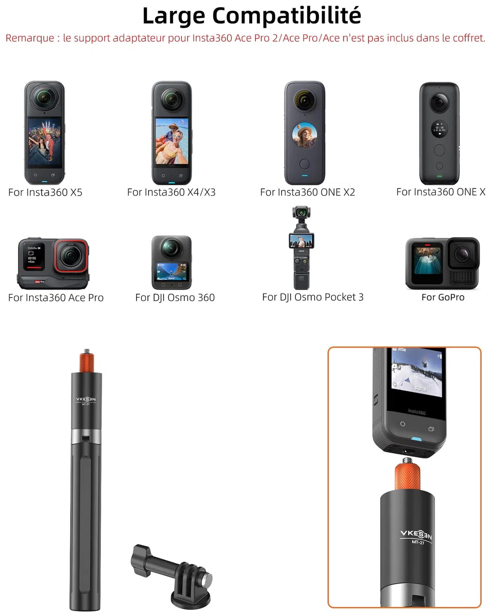 Perche à Selfie Invisible 147cm avec Trépied pour Insta 360 X5/X4/X3/Ace Pro/GO 3S/GO Ultra, DJI Osmo 360, GoPro, 2-en-1 Bâton Selfie Trepied/Tige d'extension étendue/Poignée/Support/Accessoires